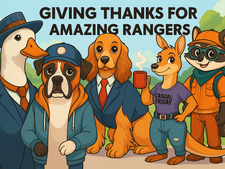 A cheerful illustrated scene shows five anthropomorphic Rangers standing together in a park under the heading “GIVING THANKS FOR AMAZING RANGERS.” From left to right: a goose in a blue suit and hat, a boxer dog in a hoodie and cap, a golden retriever in a business suit, a smiling kangaroo holding a red mug and wearing a “CASUAL FRIDAY” shirt, and a raccoon in orange work gear and goggles. All stand side-by-side, warm and friendly.