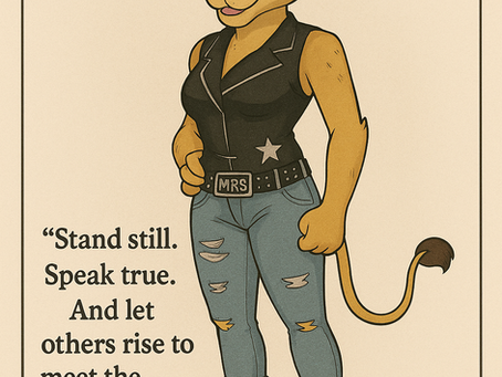 A confident anthropomorphic lioness stands in a relaxed, grounded pose. She wears blue sunglasses on her head, a black leather vest with a silver star, a belt with a silver buckle labeled “MRS,” distressed jeans, and black combat boots. Her tail curves behind her. At the top, bold text reads “The Lioness Promise.” To the left of her, a quote reads: “Stand still. Speak true. And let others rise to meet the strength in your calm.” The image has a vintage parchment-style border.