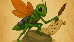 An illustrated green grasshopper Ranger with bright orange wings sits on a rock, holding a quill and writing small directional arrows on a curled parchment map. A small scroll tube is strapped to his back. Beneath him, bold text reads: “Not every step is big — but every step counts.”