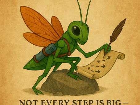 An illustrated green grasshopper Ranger with bright orange wings sits on a rock, holding a quill and writing small directional arrows on a curled parchment map. A small scroll tube is strapped to his back. Beneath him, bold text reads: “Not every step is big — but every step counts.”