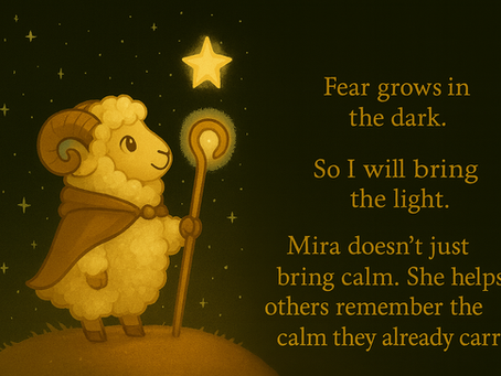 A soft, golden-toned illustration of Mira, a fluffy ram-like Ranger with curled horns and a brown cloak, standing on a small grassy hill under a starry night sky. She holds a glowing staff that casts warm light toward a bright star overhead. To the right, golden text reads: “Fear grows in the dark. So I will bring the light. Mira doesn’t just bring calm. She helps others remember the calm they already carry.”
