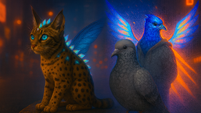 A luminous scene featuring three fantasy animals against a glowing city backdrop. On the left sits a small spotted lynx-like creature with bright blue eyes, translucent blue wings, and a glowing line of crystalline spines along its back. In the center stands an ordinary gray pigeon, plain and unlit. Behind it rises the same pigeon in its transformed state—a radiant blue-and-orange winged form glowing with neon light. The contrasting figures depict a shift from ordinary to luminous, set amid warm orange and cool blue city lights.