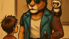 A cool, anthropomorphic lion wearing aviator sunglasses, a teal leather jacket, and a white shirt stands confidently in front of a group of children. His right arm is tattooed with swirling patterns, and a small, friendly ferret perches on his shoulder. He gestures calmly to a young boy in an orange shirt who faces him, while several other animal-eared silhouettes watch from the foreground. The scene has a warm, vintage comic-book tone.