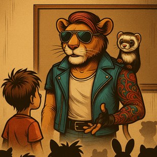 A cool, anthropomorphic lion wearing aviator sunglasses, a teal leather jacket, and a white shirt stands confidently in front of a group of children. His right arm is tattooed with swirling patterns, and a small, friendly ferret perches on his shoulder. He gestures calmly to a young boy in an orange shirt who faces him, while several other animal-eared silhouettes watch from the foreground. The scene has a warm, vintage comic-book tone.