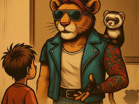 A cool, anthropomorphic lion wearing aviator sunglasses, a teal leather jacket, and a white shirt stands confidently in front of a group of children. His right arm is tattooed with swirling patterns, and a small, friendly ferret perches on his shoulder. He gestures calmly to a young boy in an orange shirt who faces him, while several other animal-eared silhouettes watch from the foreground. The scene has a warm, vintage comic-book tone.