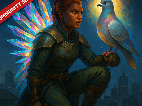 A powerful armored woman with deep bronze skin and braided red hair kneels on a rooftop at night, her expression focused and alert. Crystal-like wings made of glowing multicolored shards extend from her back, casting iridescent light. Perched calmly on her gloved hand is a radiant pigeon with a soft halo of warm light around its head, feathers shimmering in pastel hues. A dark city skyline rises in the background beneath a star-speckled sky. A red diagonal banner in the top left corner reads “COMMUNITY SUBMISSION.”