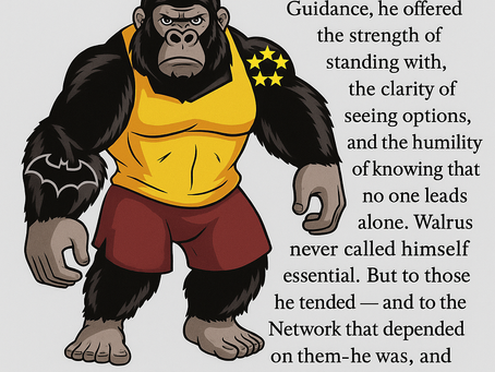 A strong, serious-looking anthropomorphic gorilla named Walrus stands confidently with feet apart. He wears a sleeveless yellow athletic shirt and red shorts, showing his muscular build. His arms feature black fur with two tattoos: a bat-shaped design on his left arm and three yellow stars on his right shoulder. To the right of the image, text describes his role in offering anchored guidance, emphasizing strength, clarity, humility, and his importance to the Network.