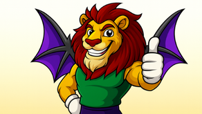 A cheerful cartoon lion with a red mane, yellow fur, and bright purple bat-style wings stands giving a big thumbs-up. He wears a green sleeveless shirt and dark shorts, smiling confidently against a soft yellow gradient background.