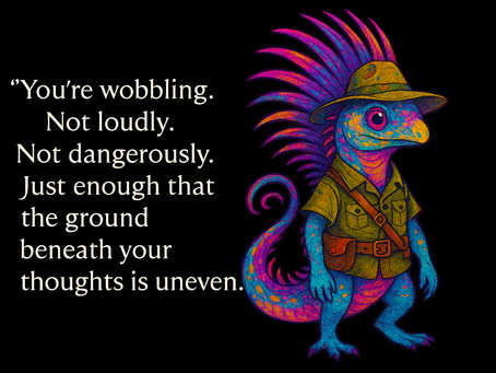 A brightly colored, neon-patterned lizard Ranger stands on the right side of a black background. The lizard is upright like a person, with turquoise skin covered in pink, purple, and orange spots. It has large expressive eyes, a curled tail, and a dramatic mohawk-like spine of glowing rainbow quills. The Ranger wears a tan safari hat and an olive-green field uniform with pockets and a strap. On the left side of the image, white text reads: “You’re wobbling. Not loudly. Not dangerously. Just enough that the ground beneath your thoughts is uneven.”