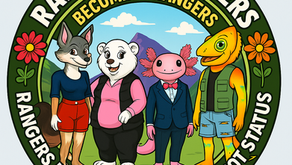 A circular emblem for Raised By Rangers featuring four anthropomorphic animal characters standing proudly in a scenic mountain valley. The top banner reads “Becoming Rangers” beneath the bold title “Raised By Rangers.” Around the green outer ring, the tagline reads “Rangers Lead Through Service, Not Status.” The border is decorated with bright red and orange flowers. At the center are the four characters: a confident wolf in red shorts and a navy shirt, a friendly white bear in a pink sweater and black vest, a pink axolotl in a navy suit with a bow tie, and a cheerful chameleon in a green vest and jean shorts. The design radiates teamwork, kindness, and community.