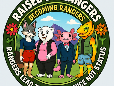 A circular emblem for Raised By Rangers featuring four anthropomorphic animal characters standing proudly in a scenic mountain valley. The top banner reads “Becoming Rangers” beneath the bold title “Raised By Rangers.” Around the green outer ring, the tagline reads “Rangers Lead Through Service, Not Status.” The border is decorated with bright red and orange flowers. At the center are the four characters: a confident wolf in red shorts and a navy shirt, a friendly white bear in a pink sweater and black vest, a pink axolotl in a navy suit with a bow tie, and a cheerful chameleon in a green vest and jean shorts. The design radiates teamwork, kindness, and community.