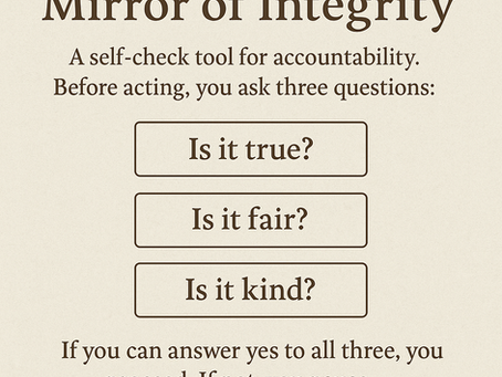 Square graphic titled “Mirror of Integrity.” The design features three centered boxes with the questions: “Is it true?”, “Is it fair?”, and “Is it kind?” beneath the subtitle “A self-check tool for accountability.” The background is soft beige with dark brown serif text. The message below reads, “If you can answer yes to all three, you proceed. If not, you pause.” The layout feels calm, balanced, and reflective—like a Ranger’s guide to mindful action.