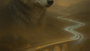 A majestic silver-gray wolf gazes calmly across a misty golden landscape. Below, a glowing bridge arches over a softly winding river of light that fades into the distance. The warm hues create a tranquil, reflective mood. At the bottom, elegant text reads: “Unity is not sameness—it’s the bravery to stand in difference without fear. Bridges do not erase the rivers they cross. They honor them.”