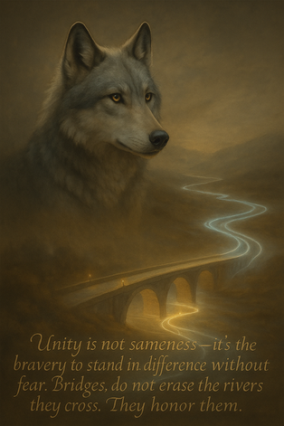 A majestic silver-gray wolf gazes calmly across a misty golden landscape. Below, a glowing bridge arches over a softly winding river of light that fades into the distance. The warm hues create a tranquil, reflective mood. At the bottom, elegant text reads: “Unity is not sameness—it’s the bravery to stand in difference without fear. Bridges do not erase the rivers they cross. They honor them.”