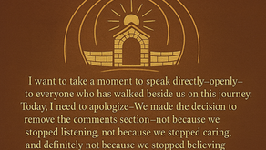 A warm-toned digital graphic featuring a brown textured background with gold text and artwork. At the top, large capital letters read “REINFORCING THE WALLS.” Below it is an illustration of a stone archway surrounded by protective curved lines and a rising sun with rays. Beneath the image is a message explaining that the comments section was removed—not due to lack of listening, caring, or belief in community—but because trolls invaded a space meant for encouragement, reflection, and connection.