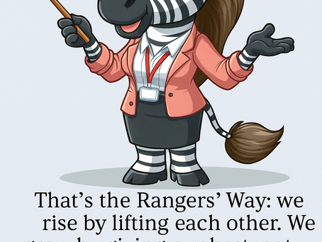 A friendly, cartoon-style zebra Ranger stands confidently, dressed like a professional teacher or trainer. She has brown hair tied back, expressive eyes, and is wearing a coral blazer, white shirt, black skirt, and a lanyard with a badge. She holds a long pointer stick in one hand while the other hand is raised in a welcoming gesture. Below her is the quote: “That’s the Rangers’ Way: we rise by lifting each other. We grow by giving our best, not anyone else’s. And together, our best becomes something far greater than any of us alone.”