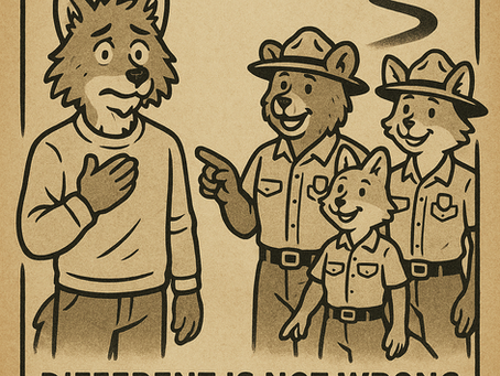 A vintage-style illustration on parchment featuring anthropomorphic animals dressed as park rangers guiding another animal, a wolf-like character, toward a winding mountain path with a flag at the top. The wolf places a paw over its chest, symbolizing reflection and courage, while the rangers gesture supportively. The bold text reads “FIND YOUR OWN PATH” and “DIFFERENT IS NOT WRONG – THE RANGERS,” representing mentorship, individuality, and self-discovery.