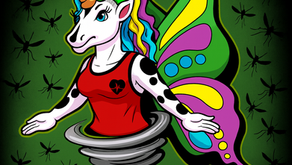 A colorful cartoon unicorn-butterfly hybrid stands in the center, emerging from a swirling gray tornado that begins at her waist. She has rainbow hair, a golden horn, and large vibrant wings in green, yellow, pink, and teal. She wears a red tank top with a small black heart emblem. The background is dark green and filled with silhouettes of flying mosquito-like shapes. White text at the top reads: “Ffyo fights fugglies every day, and she has to – they never rest. But November through January is fuggly season.” Text at the bottom reads: “They swarm thick as mosquitos after a warm rain, so heavy they feel like a cloud you have to wade through.”