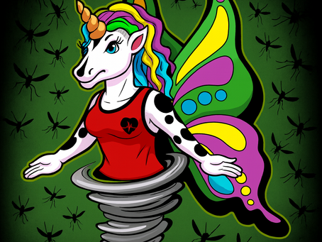 A colorful cartoon unicorn-butterfly hybrid stands in the center, emerging from a swirling gray tornado that begins at her waist. She has rainbow hair, a golden horn, and large vibrant wings in green, yellow, pink, and teal. She wears a red tank top with a small black heart emblem. The background is dark green and filled with silhouettes of flying mosquito-like shapes. White text at the top reads: “Ffyo fights fugglies every day, and she has to – they never rest. But November through January is fuggly season.” Text at the bottom reads: “They swarm thick as mosquitos after a warm rain, so heavy they feel like a cloud you have to wade through.”