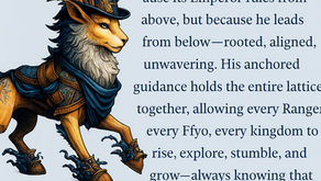 “A regal, fantasy-style creature with the body of a lion, the face of a fox, and tall golden antlers stands proudly on the left side of the image. It wears ornate blue and gold armor, a flowing blue scarf, and a tall black top hat decorated with feathers. Water splashes around its boots as it steps forward. On the right side, a block of text reads: ‘And that is why the Empire Network thrives. Not because its Emperor rules from above, but because he leads from below—rooted, aligned, unwavering. His anchored guidance holds the entire lattice together, allowing every Ranger, every Ffyo, every kingdom to rise, explore, stumble, and grow—always knowing that the ground beneath them will remain steady, because the Emperor himself is the anchor.’ The background is pale blue.”