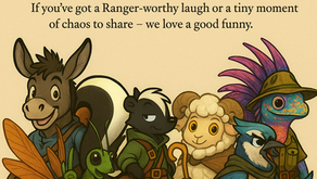 A warm, parchment-style illustration shows six cartoon Rangers standing together in a playful group. From left to right: Brindleback the donkey smiles beside his wooden wheel; Midnight Briar the skunk stands confidently with arms crossed; Woolenstride Mira the sheep holds her shepherd’s staff; Nimbushard the colorful, spiked lizard ranger wears an explorer hat; Azurecall the blue jay ranger stands alert with her signal-stone belt; and Leafjump Quillon the green grasshopper crouches cheerfully in front. Above them, text reads: “Even in a world built on clarity, courage, and compassion… the Rangers still have a silly side. If you’ve got a Ranger-worthy laugh or a tiny moment of chaos to share – we love a good funny.”