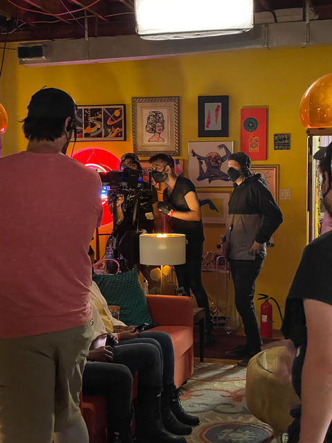 Behind the scenes photo of the camera crew setting up on the set of "Sort Of"