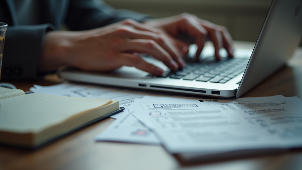 Close-up view of a person typing on a laptop with SEO-related notes
