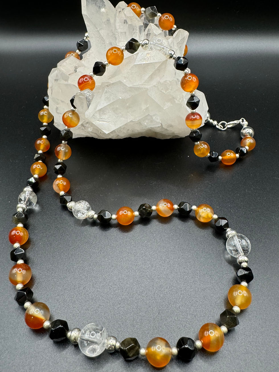 Woman's Carnelian, Black Onyx & Clear Quartz Necklace