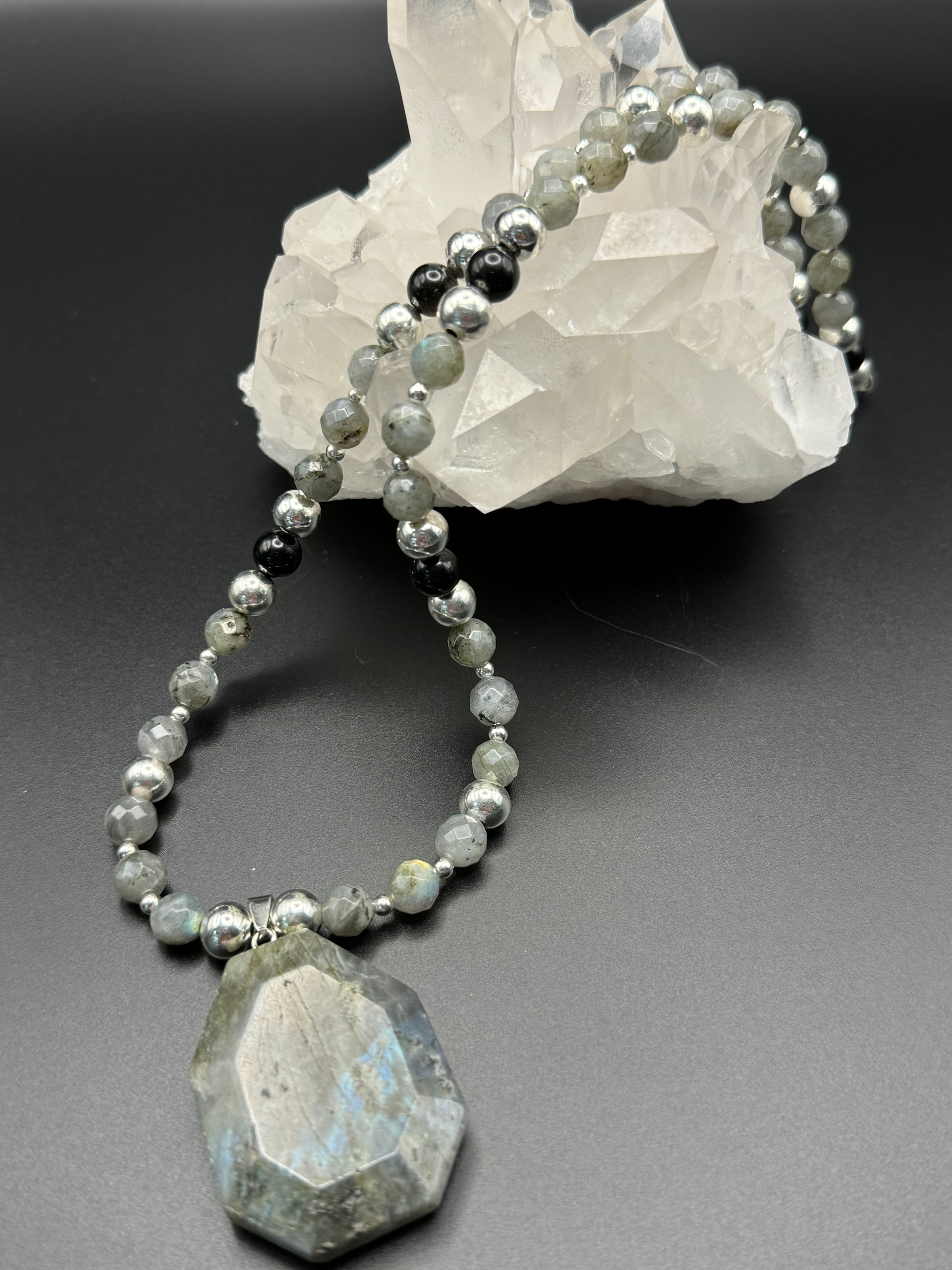 Woman's Labradorite & Black Obsidian Necklace - with Pendant