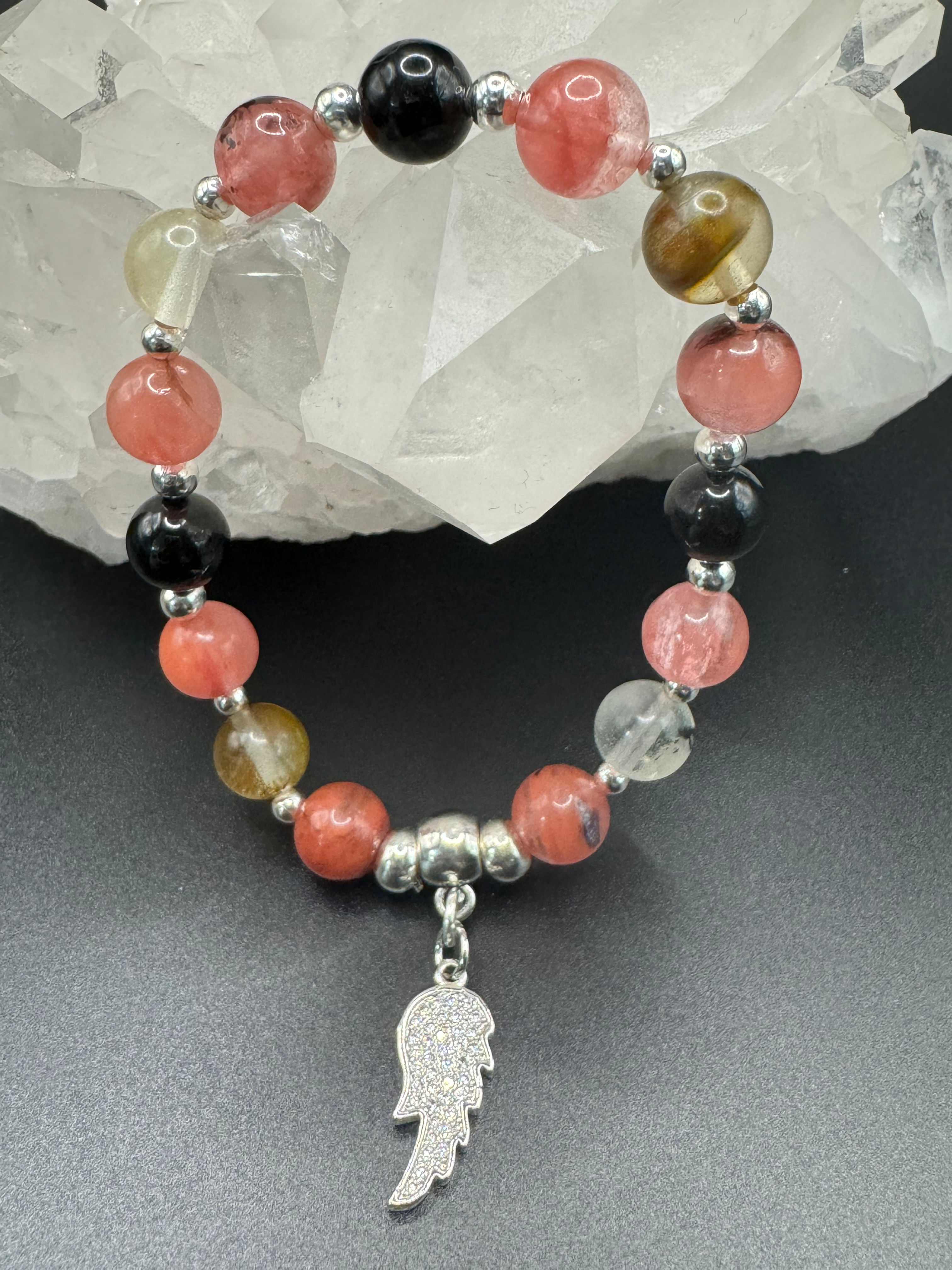 Woman's Watermelon Quartz & Tourmaline Stretch Bracelet