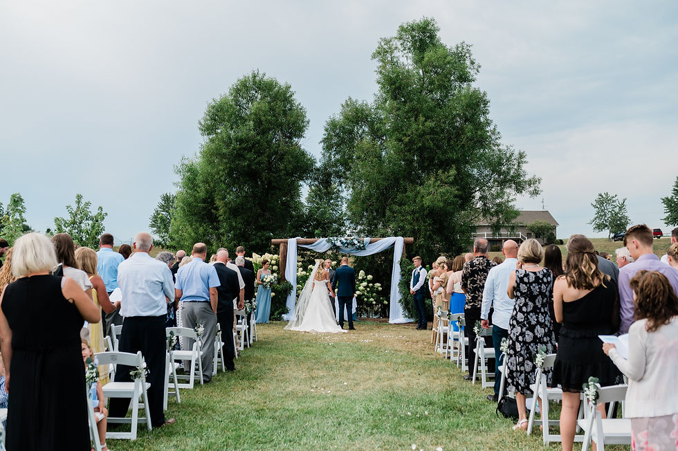 Outdoor wedding ceremony with large green trees and blooming white hydrangeas under overcast sky