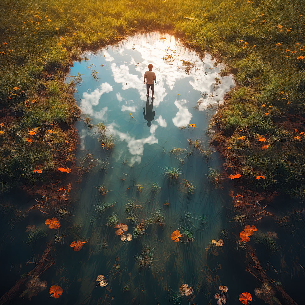 Thumbnail: man walking on a pool of water with the reflection of the sky with clouds. Connecting to nature and feeling grounded.