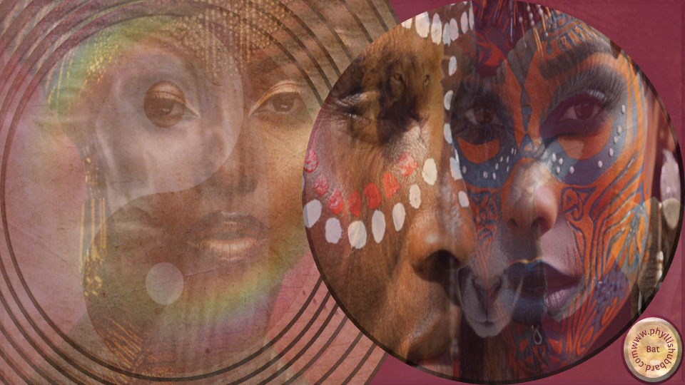 African man and woman with lion and ram in background