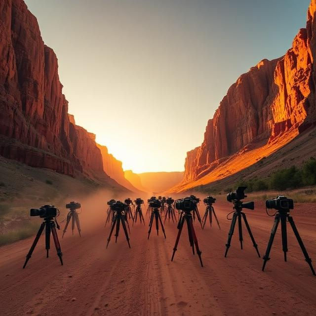 Cameras on tripods in a desert canyon at sunset