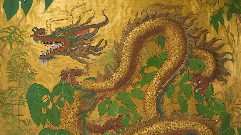 old cave wall with Thai_Laotian style drawings of naga dragons in gold paint surrounded by