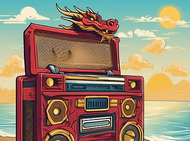 oldschool boombox on the beach with Lao temple style dragons on on boom box.jpg