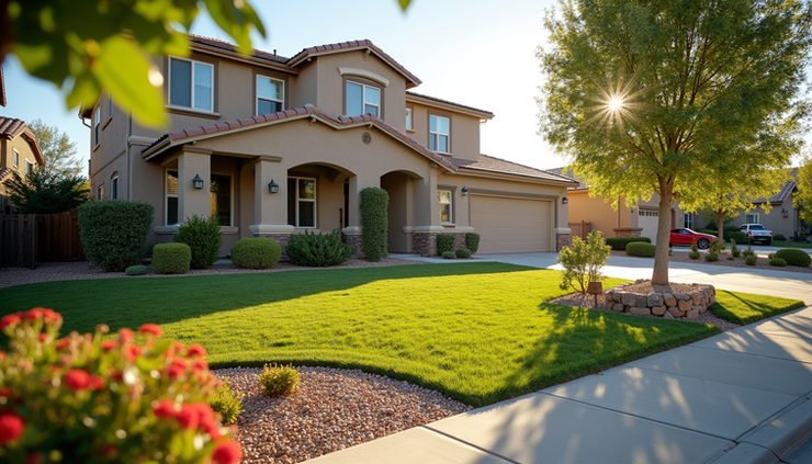 High angle view of a freshly landscaped front yard with blooming flowers in Henderson