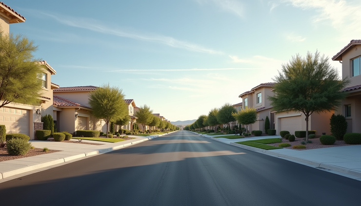 Eye-level view of a modern Henderson neighborhood street with single-family homes