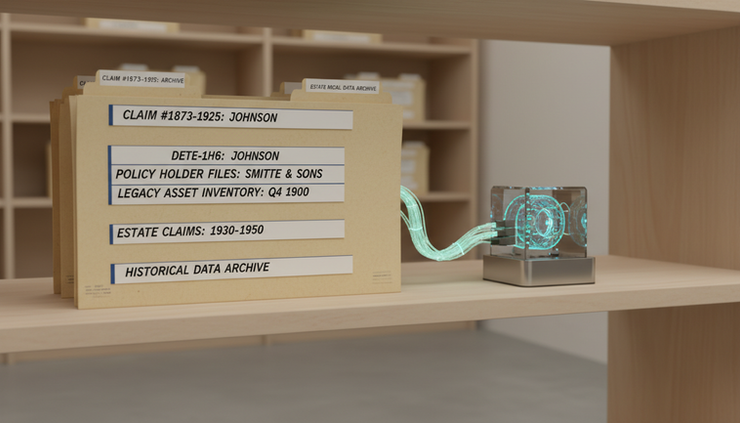 Close-up view of labeled archival folders beside a glowing data storage device.