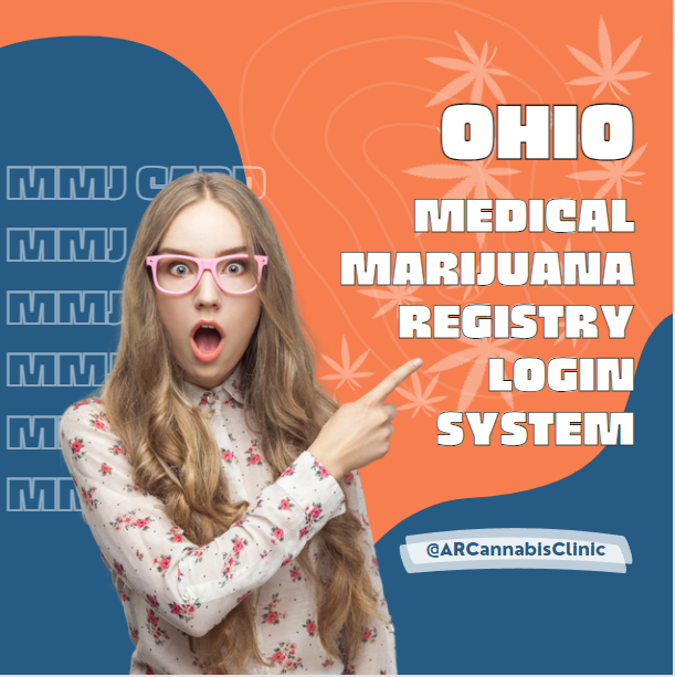a women pointing at:  Ohio Medical Marijuana Registry Login System
