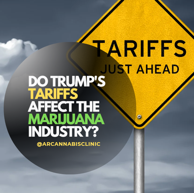 Yellow road sign reads "TARIFFS JUST AHEAD." Text asks about tariffs' impact on marijuana industry. Gray cloudy sky backdrop.