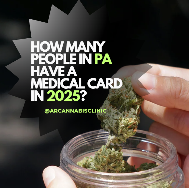 Hands hold cannabis above a jar. Text asks, "How many people in PA have a medical card in 2025?" Mood is informational.