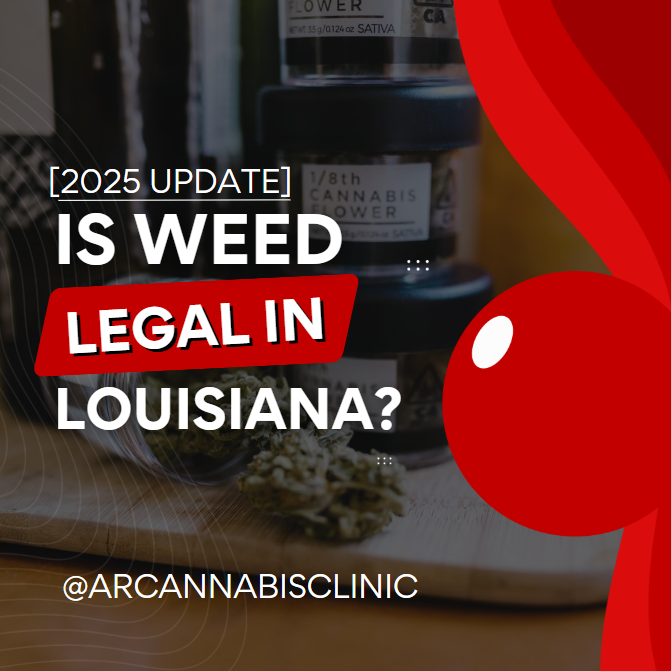 Text asks "Is weed legal in Louisiana? [2025 Update]" amid cannabis jars. Red and black design with @ARCannabisClinic visible.