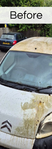 Front view of a white van covered in dirt