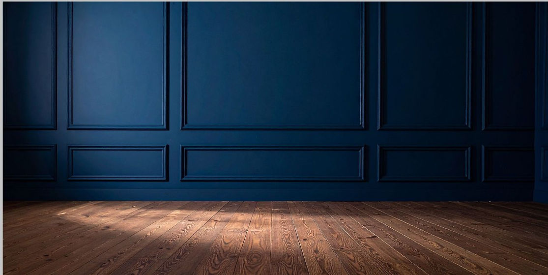 Dark blue floor to ceiling wall panels