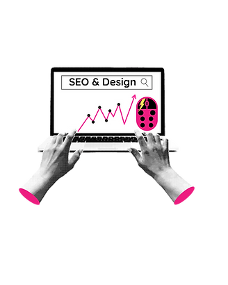 Pop art of black white hands typing on a laptop that says "SEO and Design" and has the Ladybird SEO logo