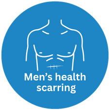 Blue icon with a vector graphic of a man's chest with a scar on the abdomen. The text reads: Men's health scarring