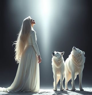 A WOMAN AND A MAN BOTH DRESSED IN WHITE WITH LONG WHITE HAIR ARE STANDING IN THE LIGHT IN 