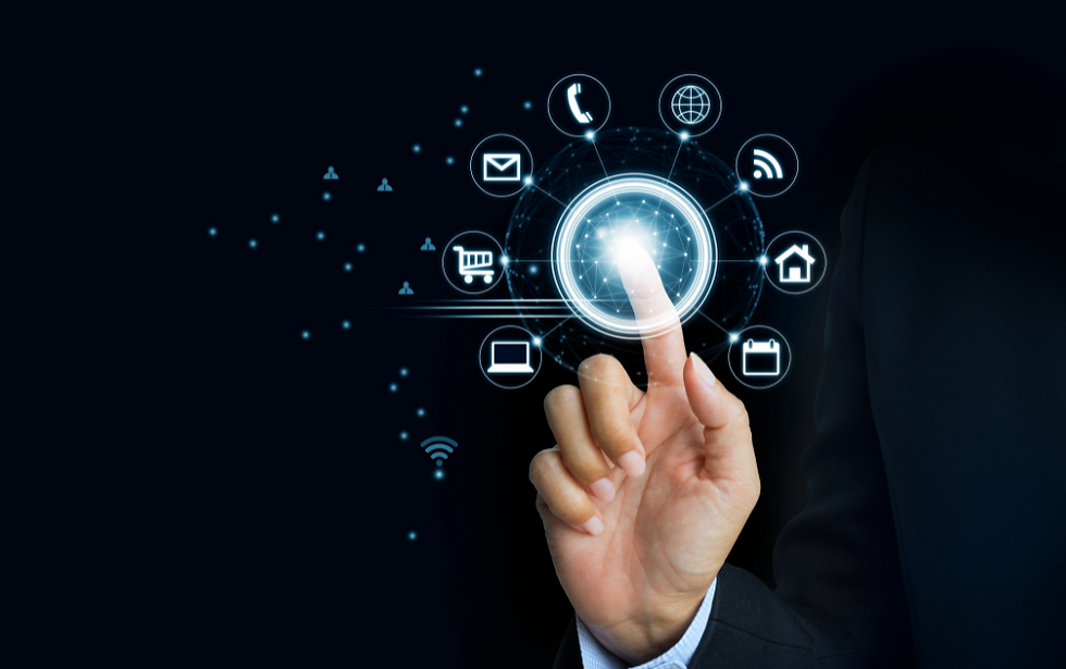 Hand pointing at digital solutions icons including phone, internet, wifi, etc