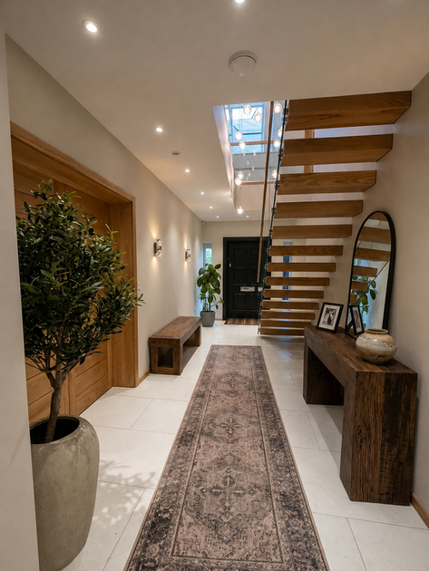 Hallway with rustic modern neutral themed interior design and statement lighting